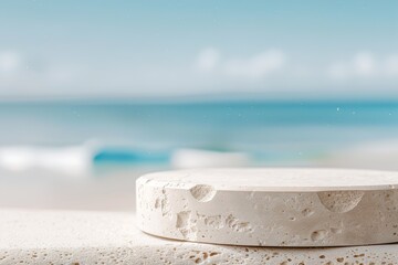 A sand-textured podium is placed in the foreground with a blurred view of a beach and ocean in the background on a clear sunny day. Soft waves can be seen gently rolling in