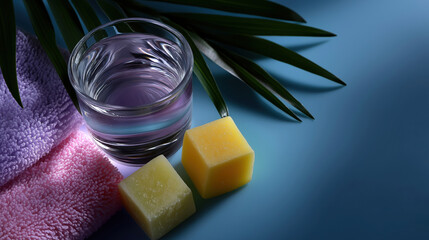 Glass of water and soap bars on blue surface with towels and leaves