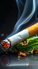 Burning Cigarette with Smoke and Debris on a Dark Surface.