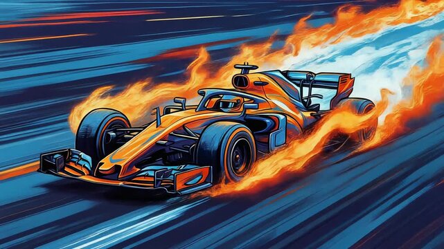 Dynamic racing car illustration with vibrant flames and motion effects for automotive enthusiasts