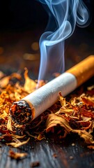 Burning Cigarette with Smoke on Tobacco, Close-Up Still Life.