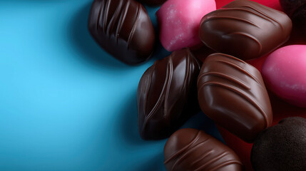 Chocolate candies on a blue surface with colorful decor