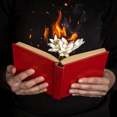 Burning Knowledge - A Red Book with Flowers and Flames.