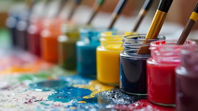 A row of colorful paint jars with a brush, showcasing an array of vibrant pigments ready for artistic creation. 