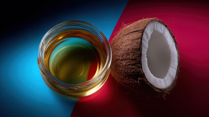 Coconut and oil on a colored background with light effects