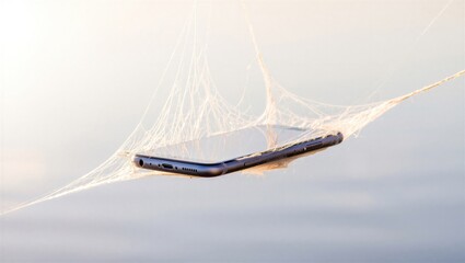 Obraz premium A smartphone entangled in a spider web suspended over calm water. The scene evokes feelings of vulnerability and the fragility of technology.