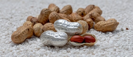Peanuts in shell with one open for text space on a background of unshelled peanuts and a large pile of dried nuts