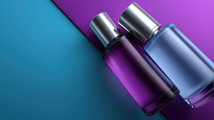 Two bottles of liquid on colorful background with purple and blue