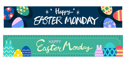 Happy easter horizontal banner on blue background