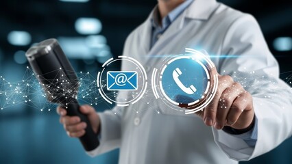 Doctor in a white coat touches icons for email and phone calls, signifying communication in healthcare technology.