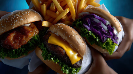 Burgers and fries held by hands against a blue background