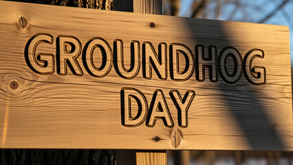 Groundhog Day sign on wooden board in winter sunlight  