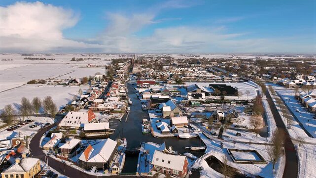 Aerial winter landscape of Workum in friesland netherlands