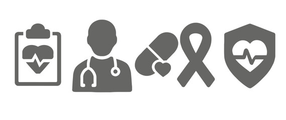 Medical icons set doctor, health record, pills, awareness ribbon, and heart shield