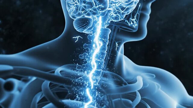 Glowing electric blue energy flows through the conceptual human spine and brain in a dark 3d medical visualization.