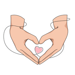 Hands making heart shaped love gesture. Vector illustration with pink heart