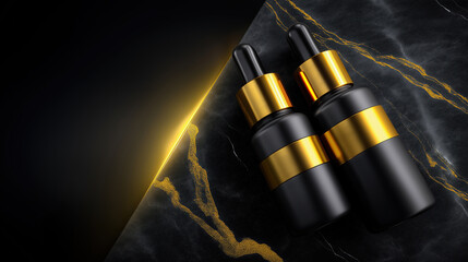 Two black bottles with gold caps on a marble surface