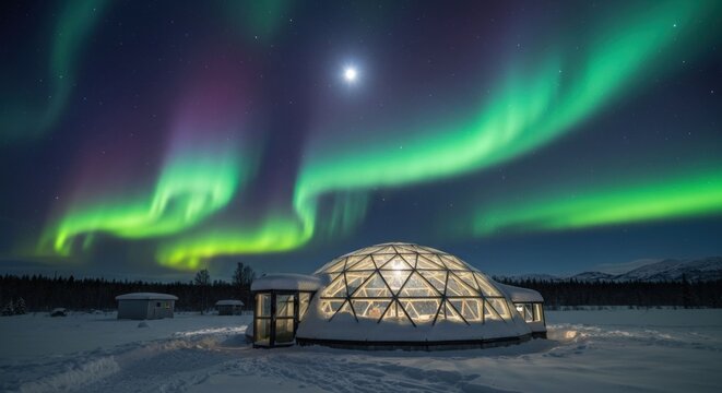 Lit glass dome igloo under vibrant aurora borealis display in snowy night
