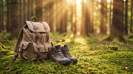 Hiking gear left on the ground in a forest during late afternoon light with trees surrounding it