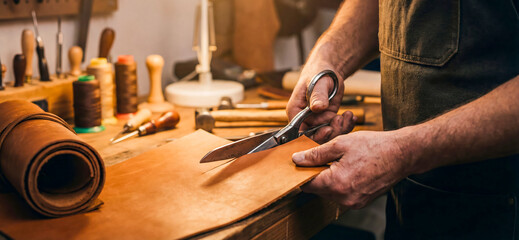 Craftsman cuts leather in workshop with tools around, showing process of making handmade goods without rush or hurry