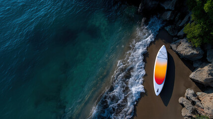 Bright paddleboard rests on sandy shore beside clear blue water