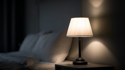 Soft glow of table lamp illuminating cozy bedroom setting with elegant bed linens and serene atmosphere, perfect for relaxation and comfort in the night