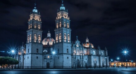 Obraz premium Majestic cathedral lit at night, towering against a dark, starry sky