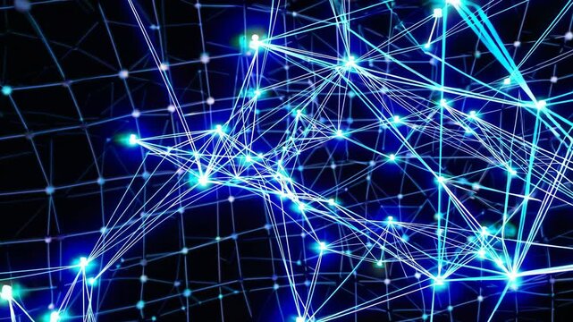 Abstract visual featuring interconnected blue laser lights forming a complex network. the dynamic composition represents technology, digital communication, and futuristic innovation, set against a dar