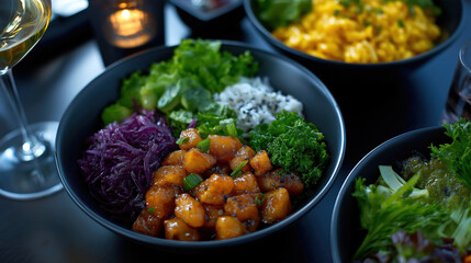 Colorful food bowls with various vegetables and protein on a table