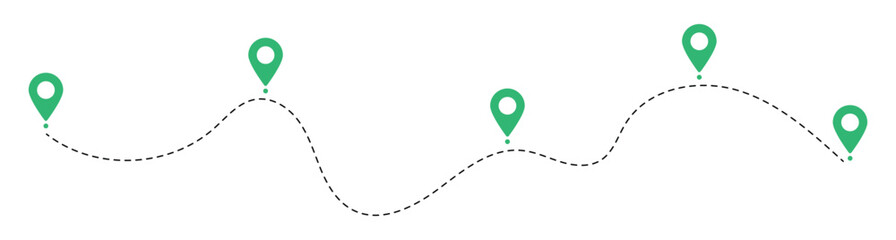 Route icon between 5 points with dotted path and location pin. isolated on white background. Travel vector icon. Vector illustration.