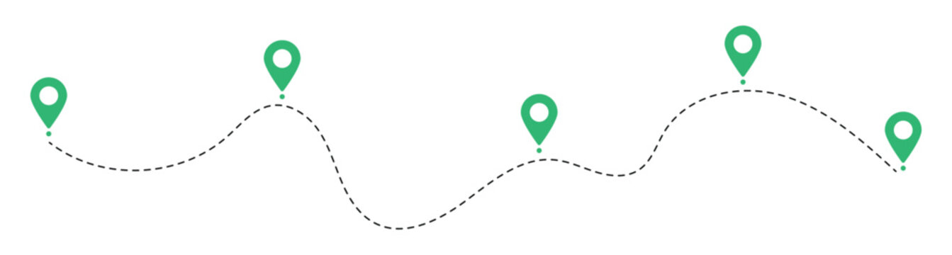 Route icon between 5 points with dotted path and location pin.  isolated on white background. Travel vector icon. Vector illustration.