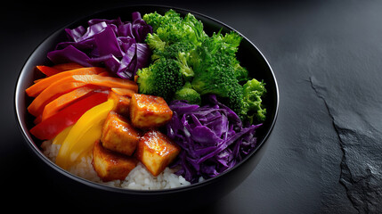 Colorful vegetable bowl with tofu served on a dark surface