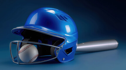 Baseball equipment on a blue background with a bat and ball present