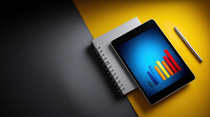 Display of a tablet showing bar graphs next to a notebook and pen