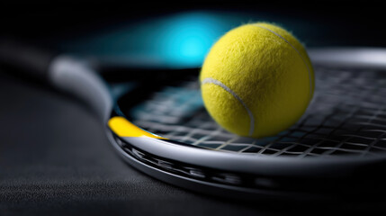 Tennis ball rests on racket with dark background and light highlights