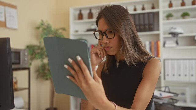 Thai woman wearing glasses holding a tablet folio and touching chin with finger while reading papers at desk in office building; contemplation focus.