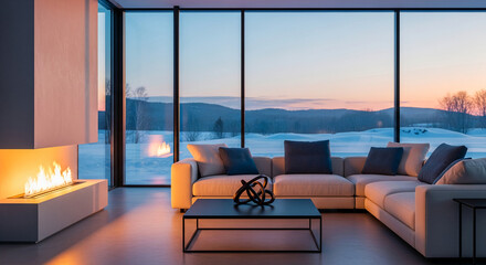 Obraz premium Living room interior featuring a modern fireplace, sofa, and expansive window view of a snowy landscape, representing comfort and contemporary design