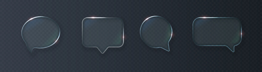 Fototapeta premium Collection of glass speech bubbles for messages with bright highlights isolated on a dark background.