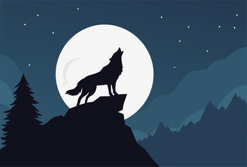 Wolf Howling at Full Moon on Mountain Peak Silhouette Night