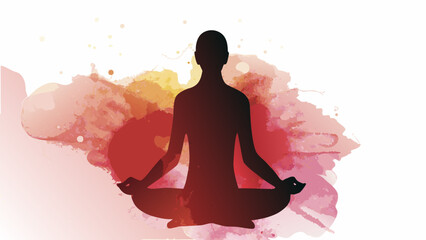 Meditative figure in yoga pose with vibrant red and orange watercolor background