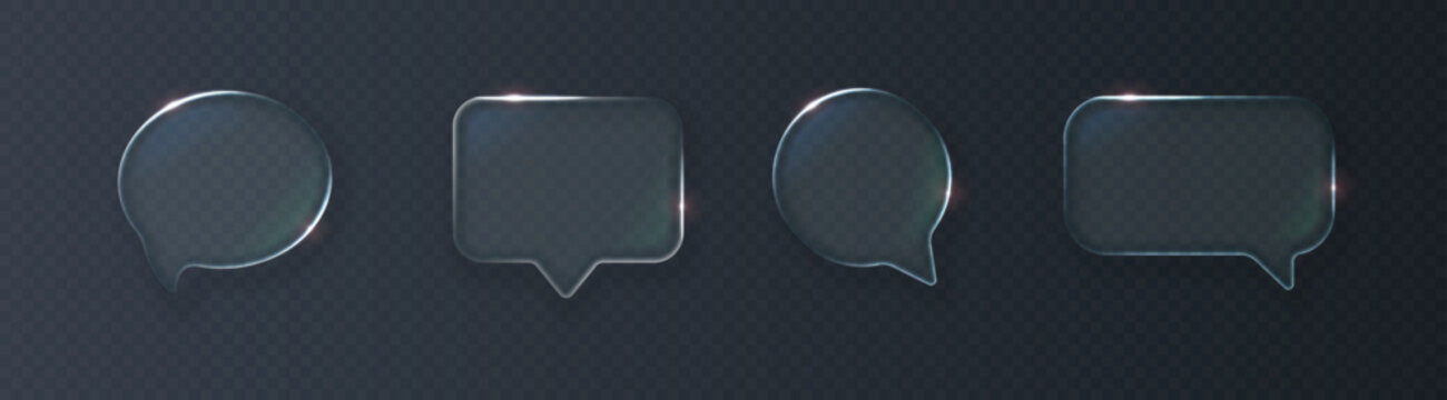 Collection of glass speech bubbles for messages with bright highlights isolated on a dark background.