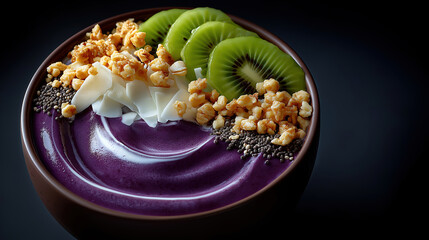 Bowl of purple smoothie with toppings on a dark surface