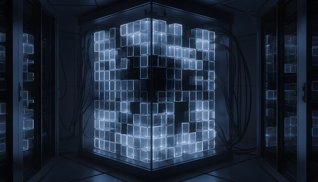 Data loss visualization in server room, fragmented digital storage blocks, concept of missing information in data center systems