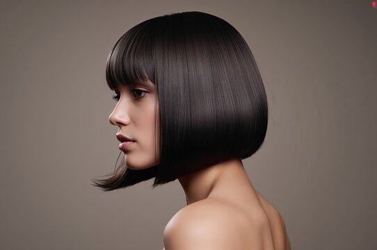 Retrato de estudio de mujer con bob casta&ntilde;o pulido y flequillo, mirada a c&aacute;mara, fotograf&iacute;a de moda minimalista