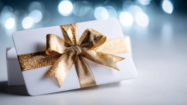 Gift Card Embellished with Golden Ribbon: A beautifully arranged gift card, adorned with an elegant golden ribbon, rests against a soft, blurred backdrop of shimmering lights.