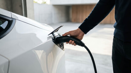 Electric Vehicle Home Charging With Plug Connected To Car In Residential Garage EV Home Charging