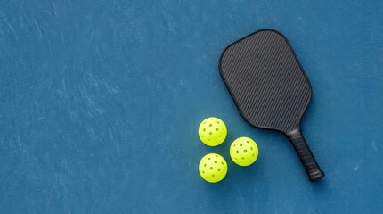 Pickleball Paddle With Yellow Balls On Blue Court Minimal Sports Background Pickleball Paddle Balls