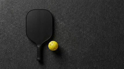 Pickleball Paddle And Ball On Dark Court Background Minimal Sports Concept Pickleball Paddle Black