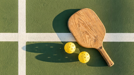 Wooden Pickleball Paddle With Yellow Balls On Green Outdoor Court Wooden Pickleball Paddle