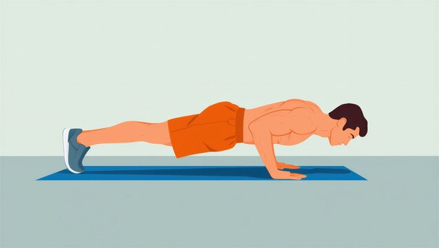 Flat vector illustration of a man performing push-ups on a blue exercise mat. Fitness and strength training concept.